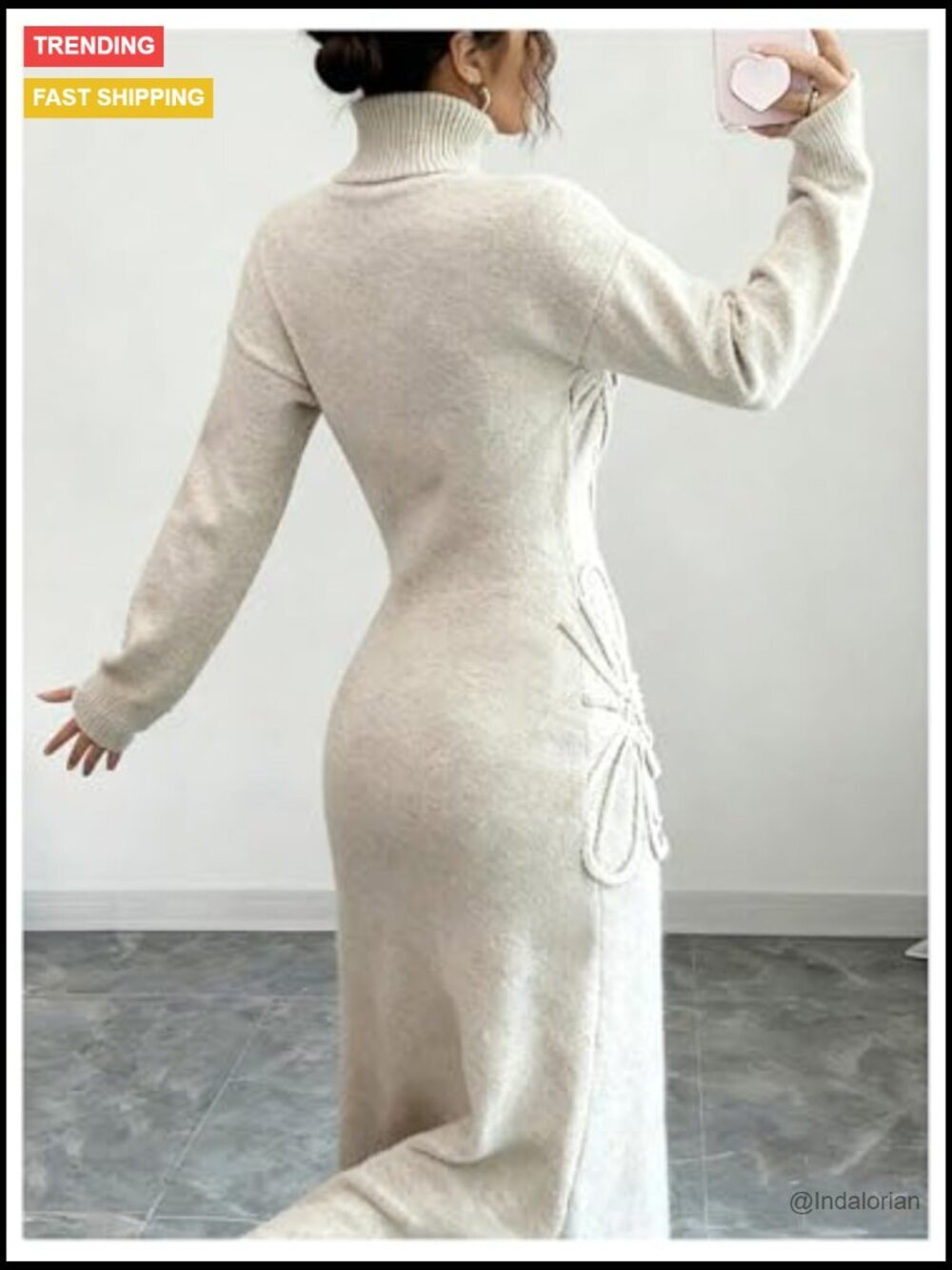 3D Floral Appliques Long Sweater Dress Turtleneck Long Sleeve Knit Maxi - Picture 2 of 4